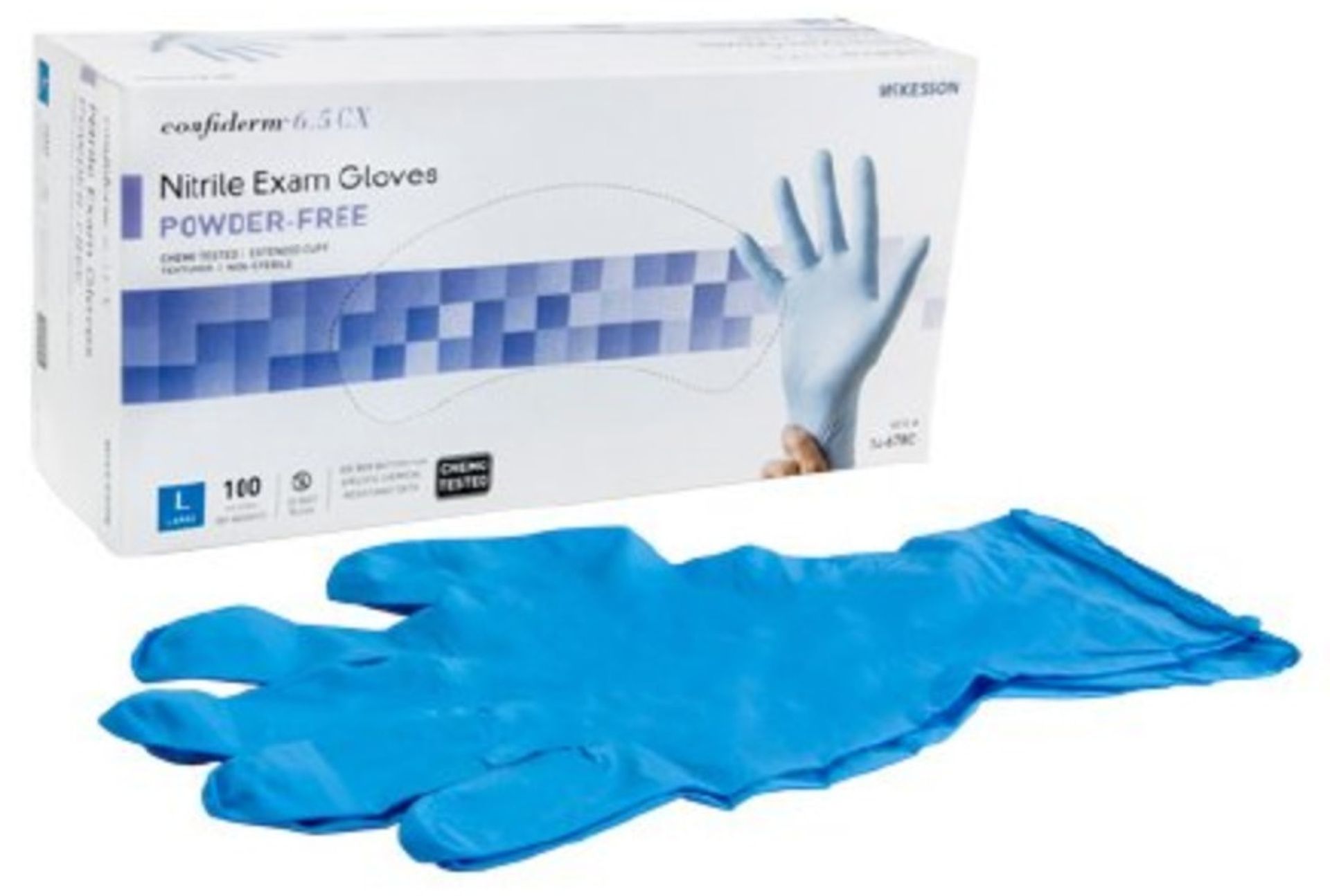 Box of blue nitrile exam gloves; single glove lying in front.