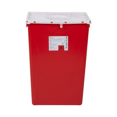 Red medical sharps container with white lid.