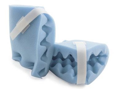 Blue foam heel protectors with wavy cutouts and white straps.