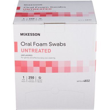 Box of McKesson oral foam swabs, untreated, white with red accents, containing 250 swabs.