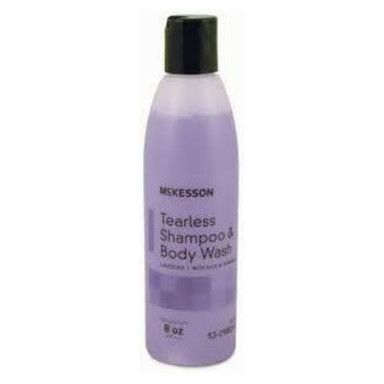 McKesson tearless lavender shampoo and body wash in a purple bottle with black cap.