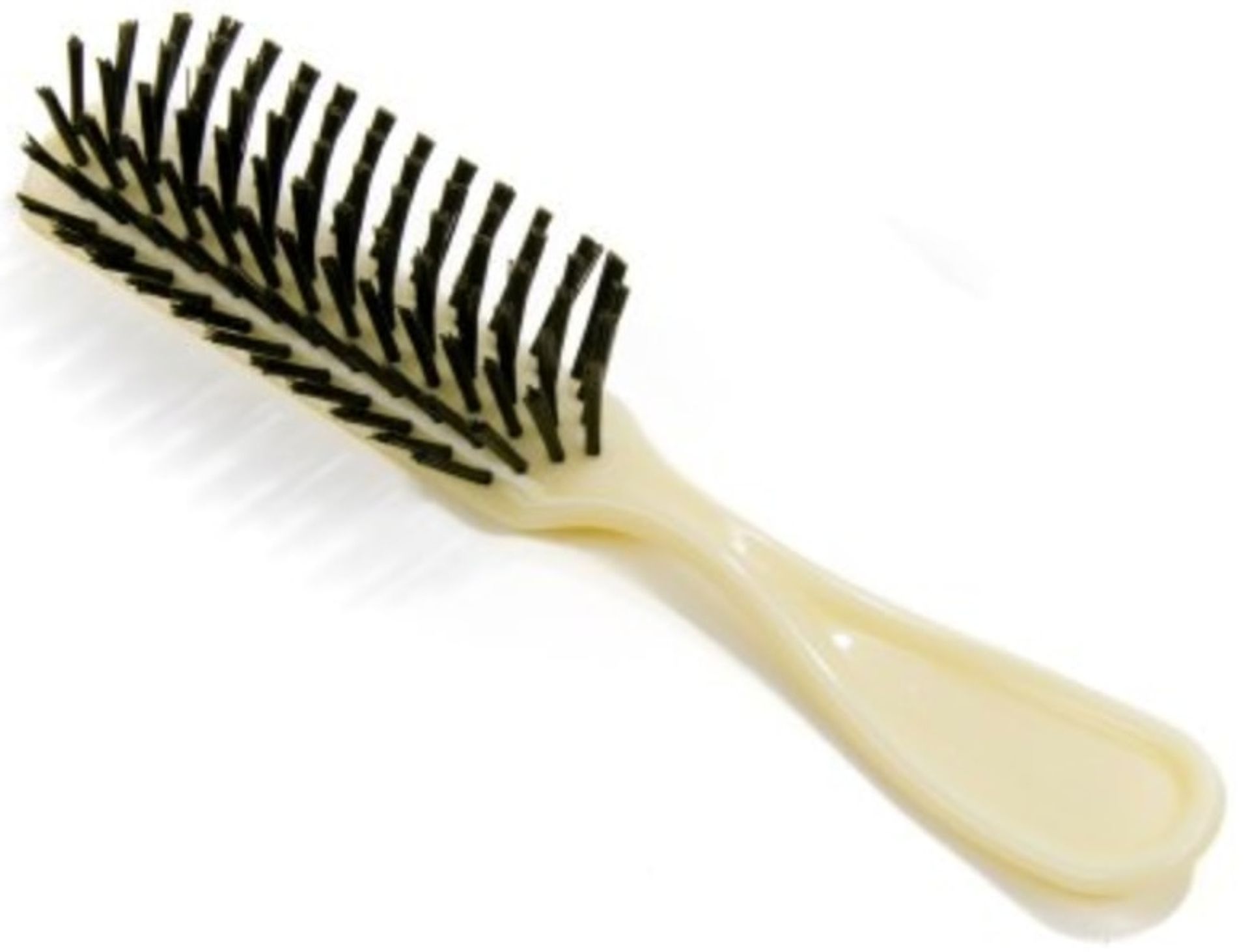 Hairbrush with beige handle and black bristles.