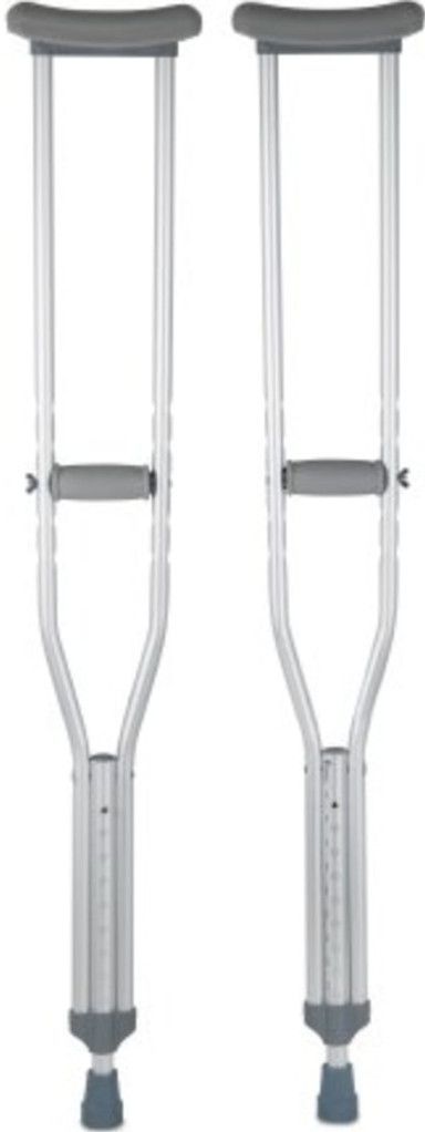 Two silver aluminum crutches, with gray padding and grips.