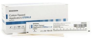 Box and individual sterile cotton-tipped applicators, branded McKesson.