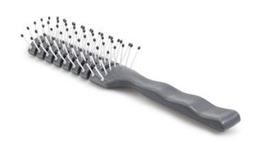 Gray rectangular hairbrush with white bristles and a ridged handle.