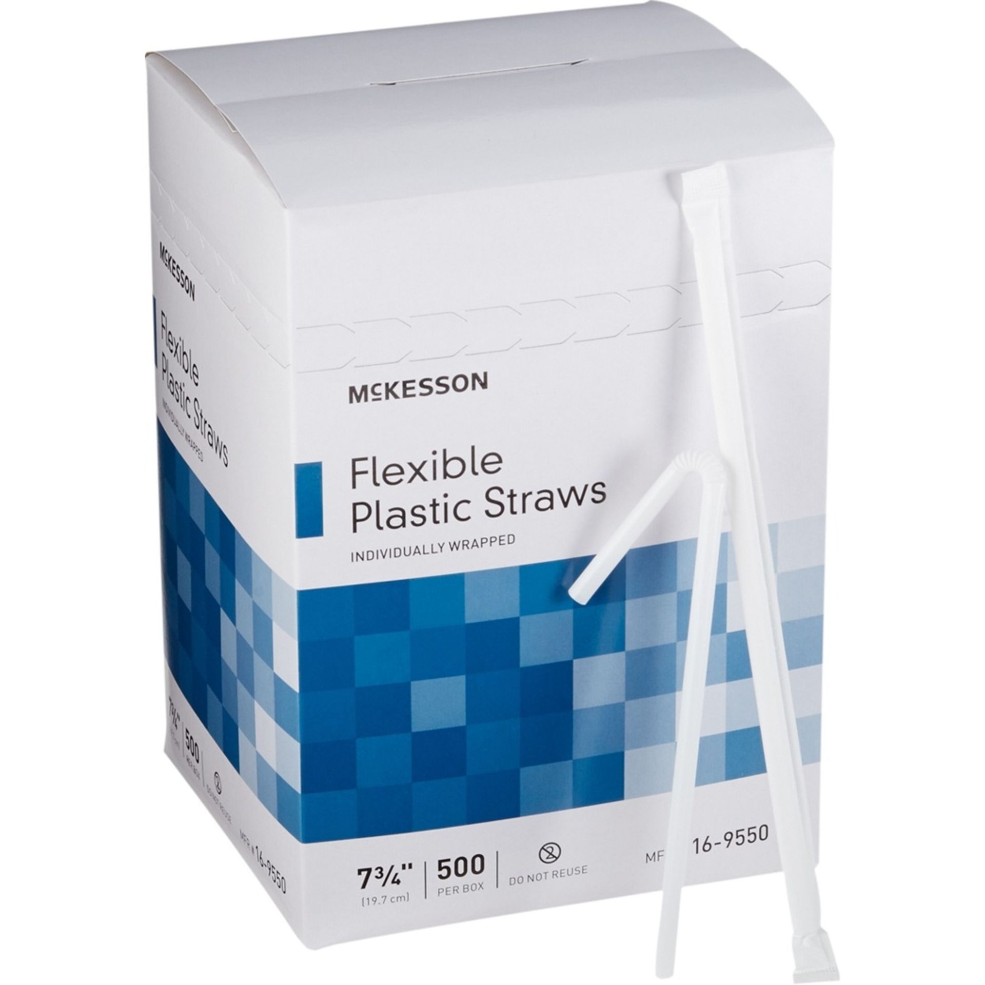 Box of McKesson flexible plastic straws; white box, blue square design, two straws visible.