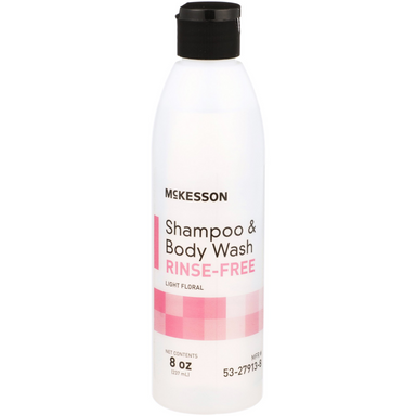 McKesson Shampoo & Body Wash, rinse-free, in a white bottle with a black cap.
