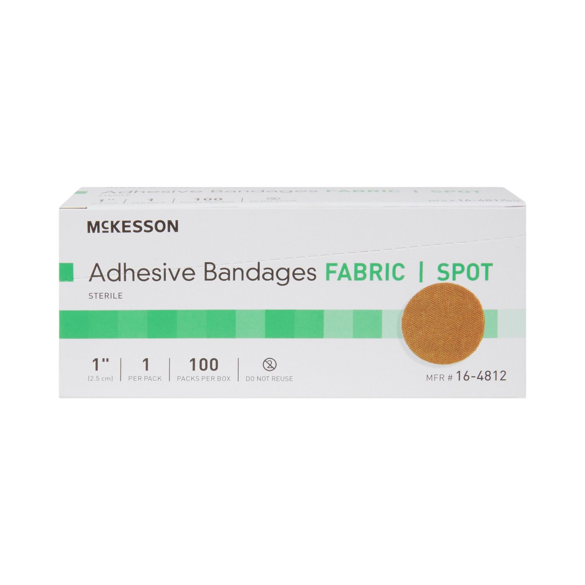 Box of McKesson spot adhesive bandages, beige, with green accents.