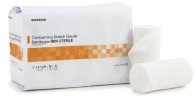A package of white conforming stretch gauze bandages, next to rolls of the gauze.