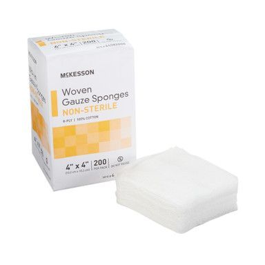 Box of non-sterile woven gauze sponges, with a stack of sponges next to the box; white, yellow and gray.