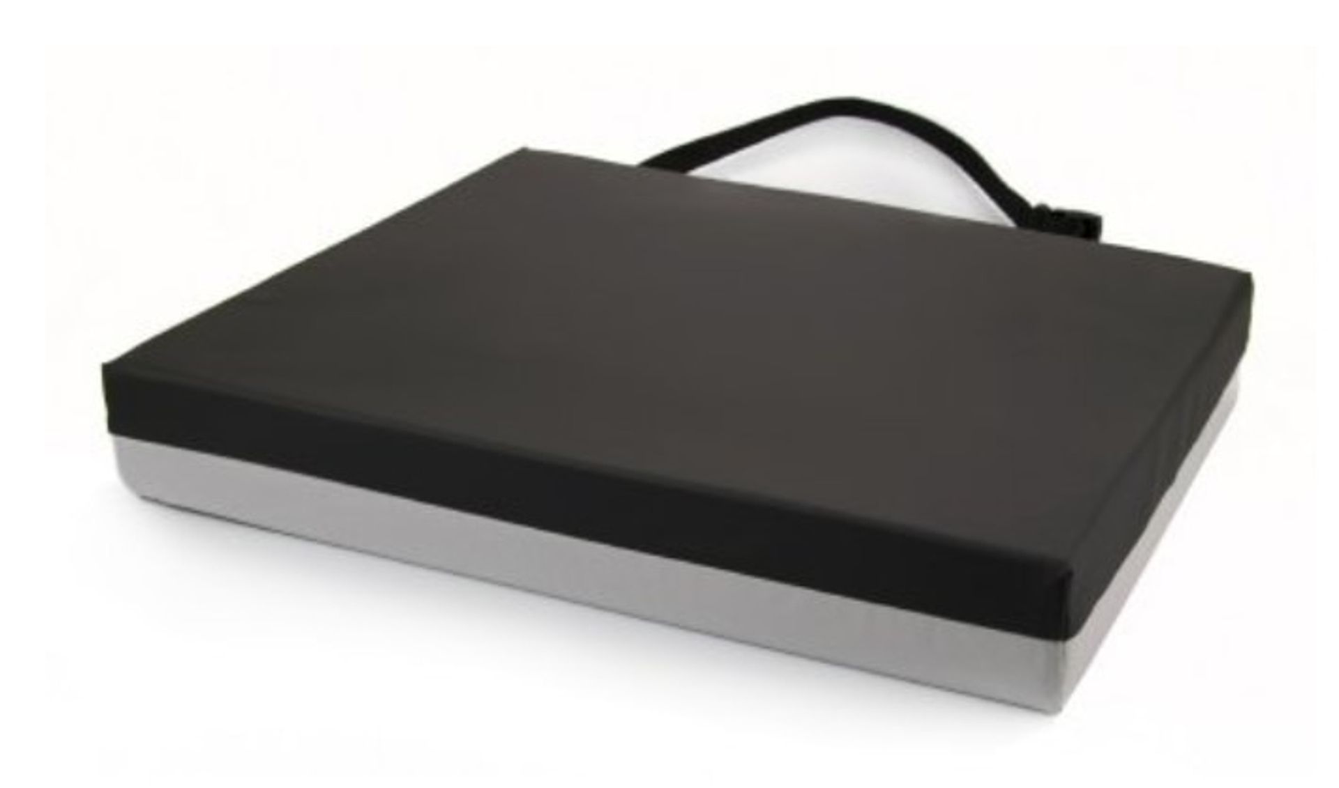 Black and gray cushion with a carrying handle.