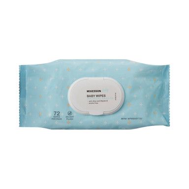 A pack of blue and white baby wipes with a white lid.