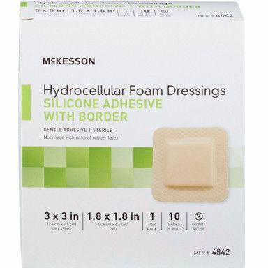 Box of McKesson hydrocellular foam dressings with silicone adhesive and border.