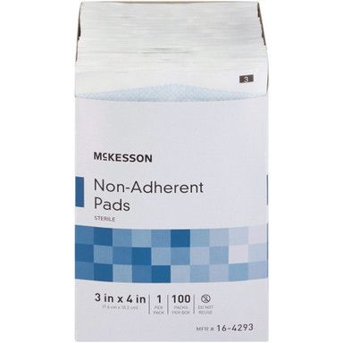 Box of McKesson sterile non-adherent pads, 3x4 inches. White box with blue accents.
