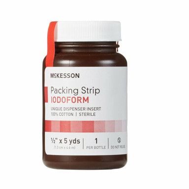 Brown bottle of McKesson IODOFORM Packing Strip, with a white label and red accents.
