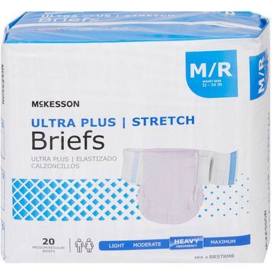 A package of McKesson Ultra Plus Stretch Briefs, size M/R, containing 20 briefs.