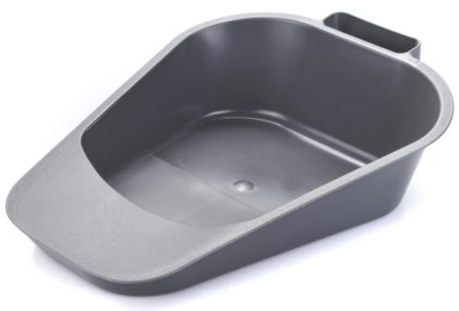 Gray plastic bedpan with a handle.