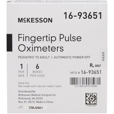 Box of McKesson fingertip pulse oximeters, pediatric to adult, with a barcode and manufacturing information.