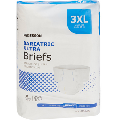 McKesson Bariatric Ultra Briefs 3XL package. White with blue accents, shows briefs illustration, 8-count, heavy absorbency.