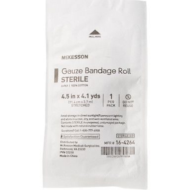 Sealed package of sterile gauze bandage roll, white with black text, brand name MEKESSON.