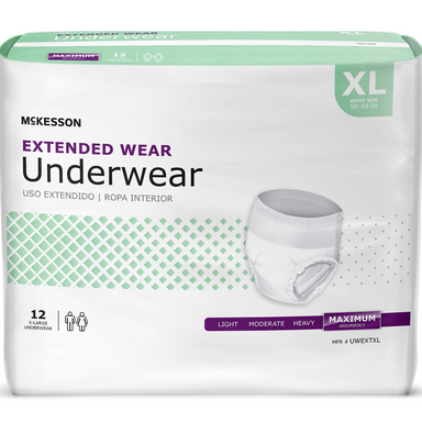 Package of McKesson Extended Wear Underwear, size XL, with a pull-up diaper graphic and