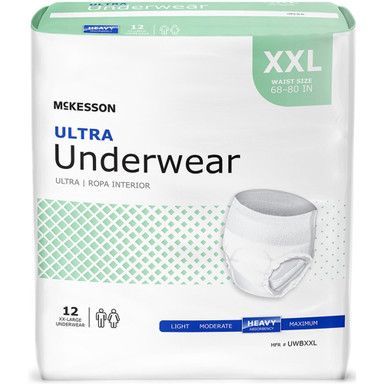 Package of McKesson Ultra Underwear, size XXL. White absorbent underwear with green and blue accents; 12 count.