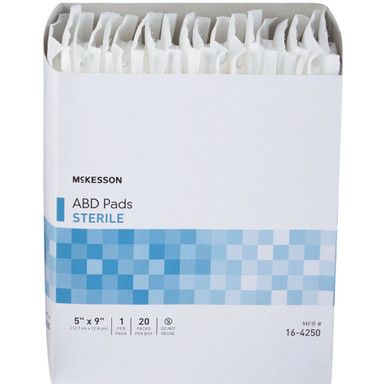 Box of McKesson sterile ABD pads, white with blue squares.