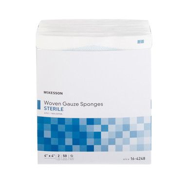 Box of McKesson woven gauze sponges, sterile, blue and white packaging.