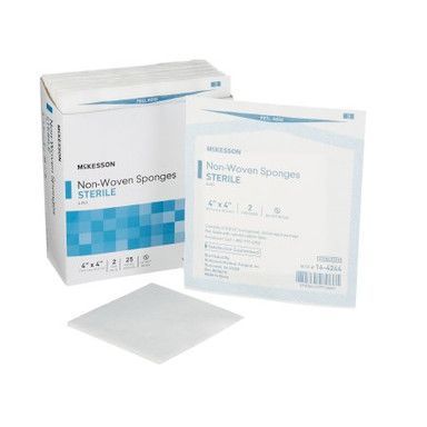Box and individual sterile, white, non-woven sponges for wound care.