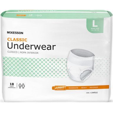 Package of McKesson Classic Underwear, size Large, with a light absorbency indicator.