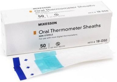 Box of McKesson oral thermometer sheaths, non-sterile, with a single sheath visible, white with blue accents.
