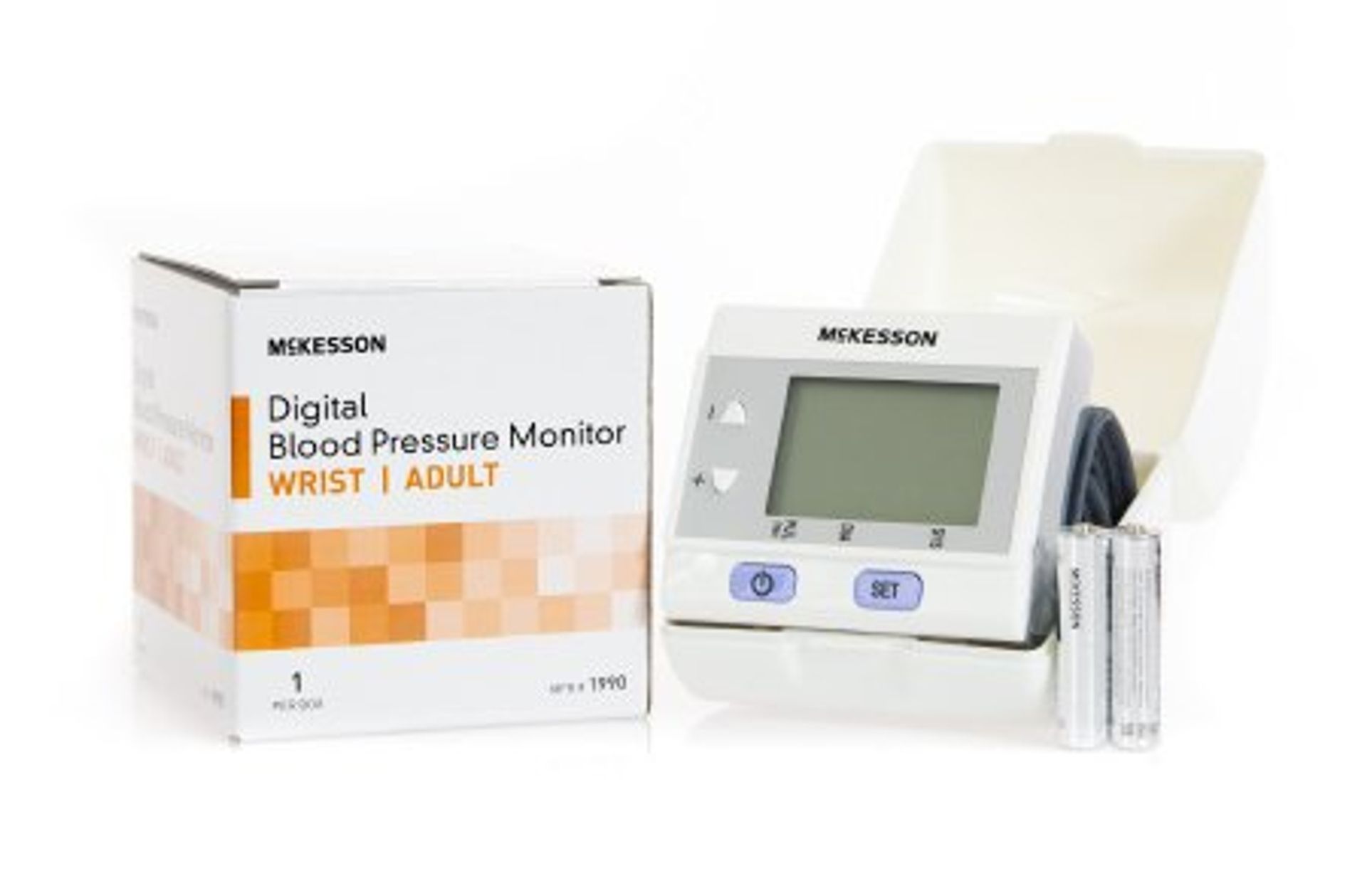 McKesson digital wrist blood pressure monitor with box and batteries.