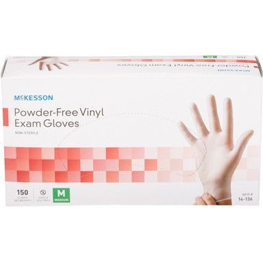 Box of McKesson powder-free vinyl exam gloves. White box with red and green accents, and a hand wearing a glove.