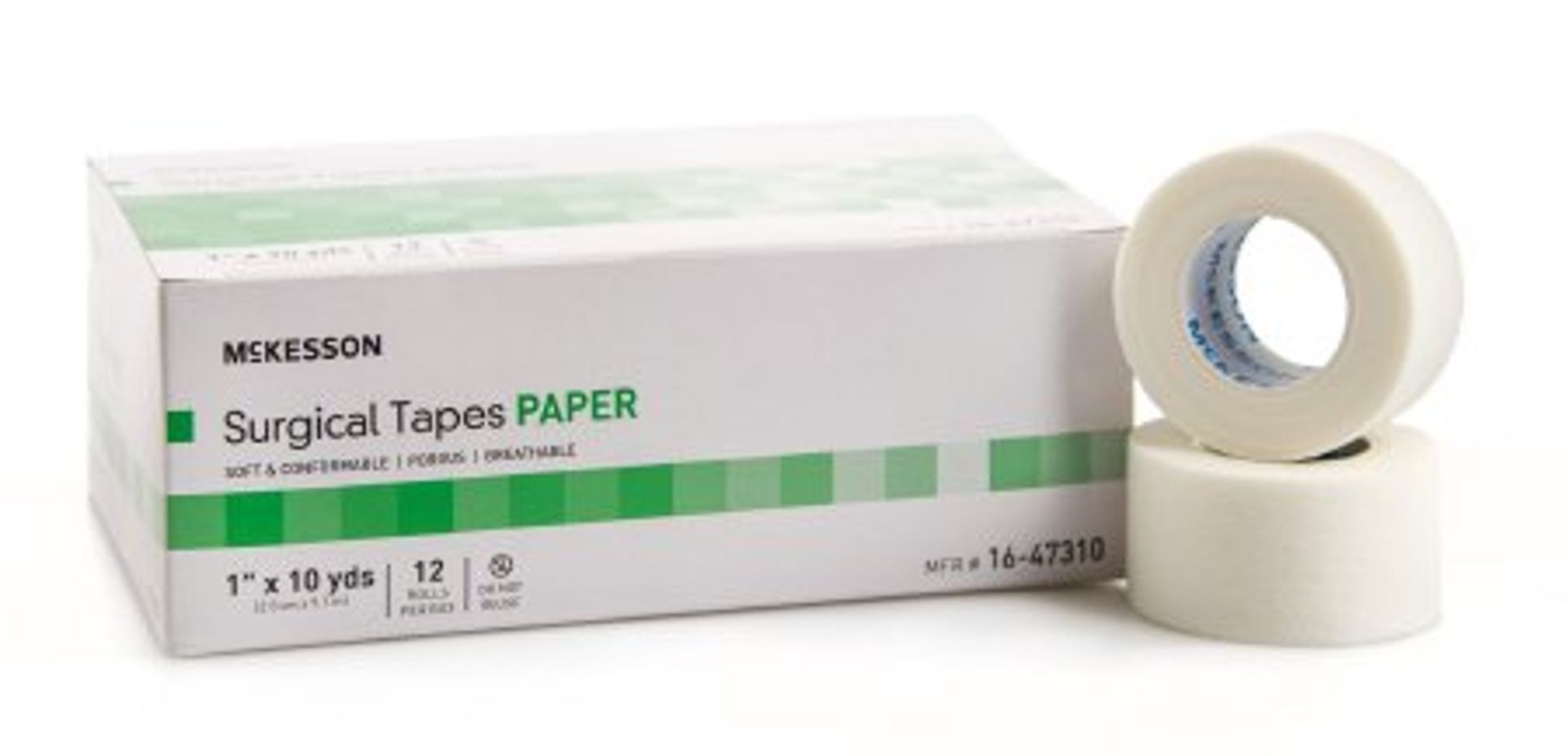 A box of McKesson surgical paper tapes with two rolls in front, white background.