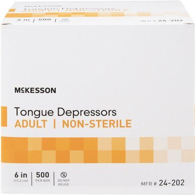 White box of McKesson adult, non-sterile tongue depressors. 6 inch, 500 per box.