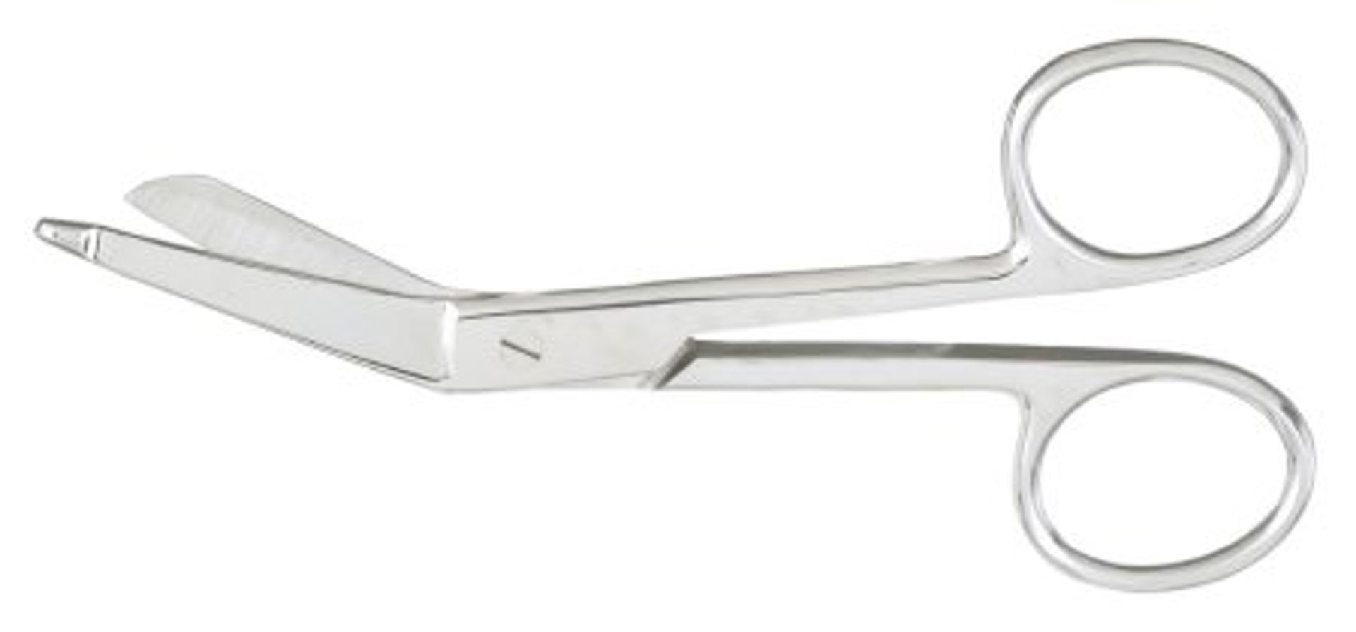Medical bandage scissors. Silver metal, curved blade with one blunt tip.