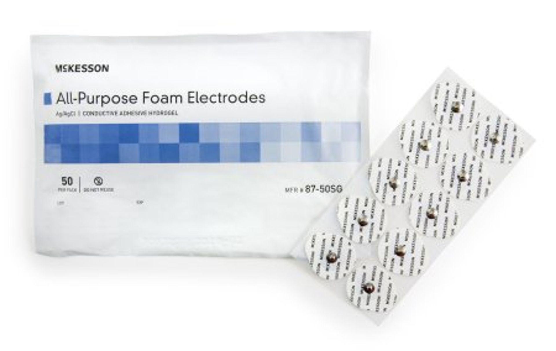 Package of white all-purpose foam electrodes with a sheet of electrodes partially visible.
