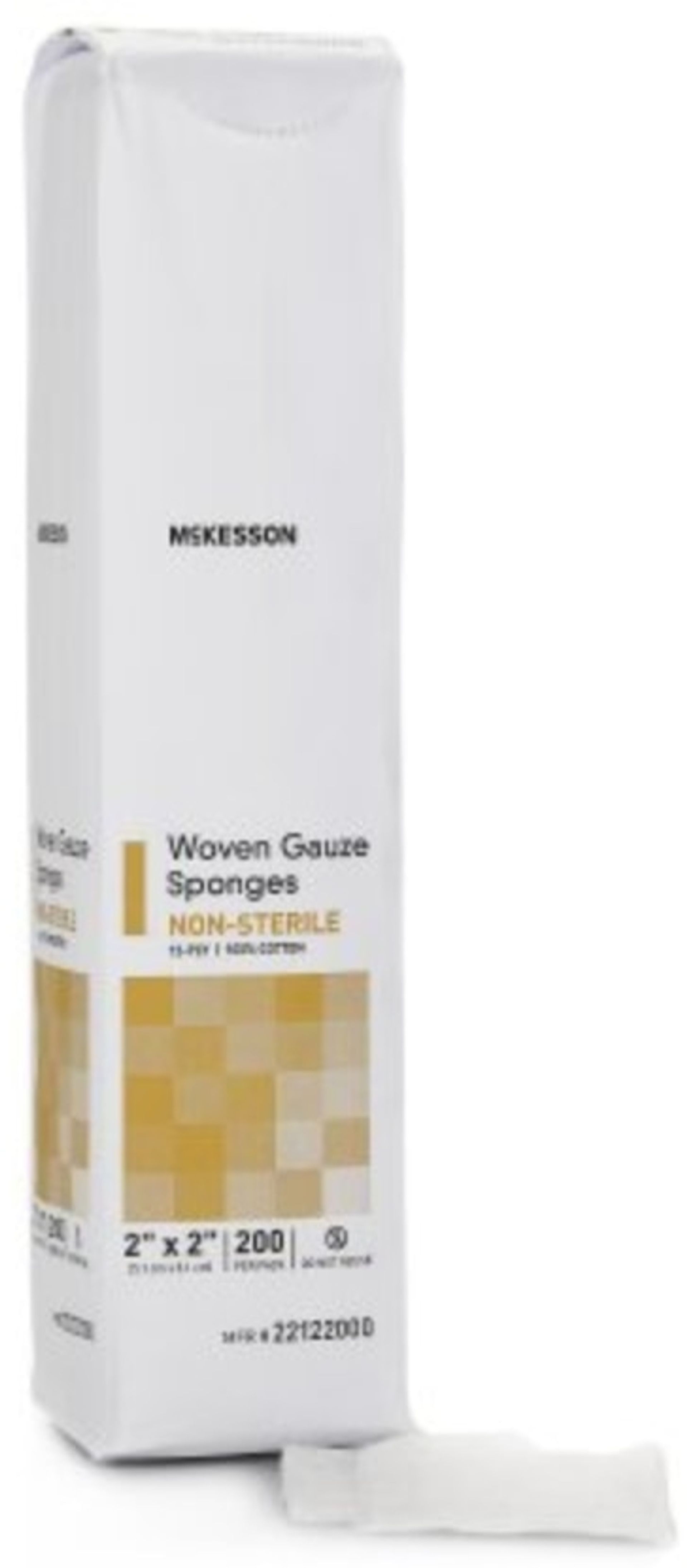 A package of non-sterile woven gauze sponges; a single sponge is in front of the package.