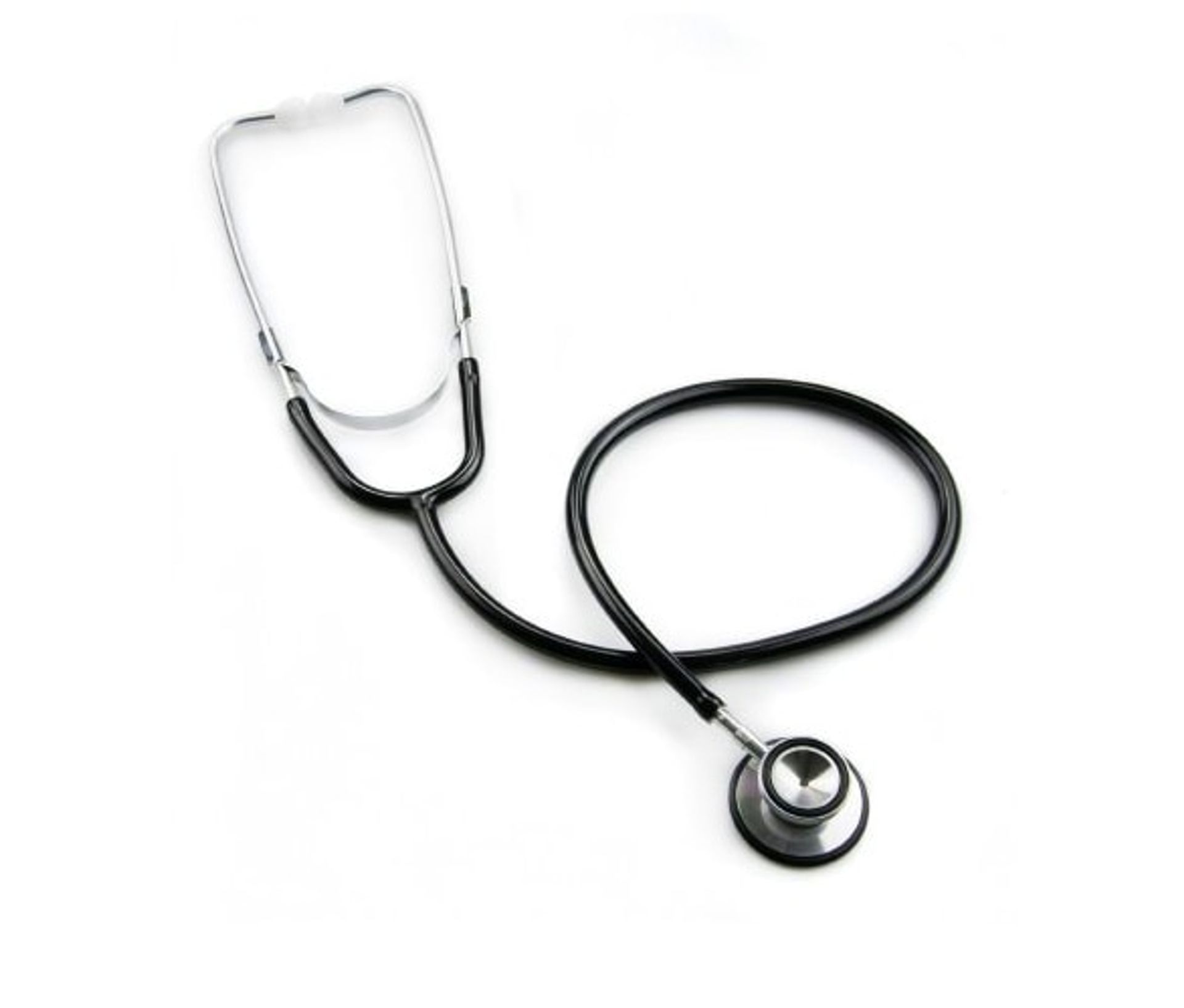 Black stethoscope on a white background, used for medical examinations.