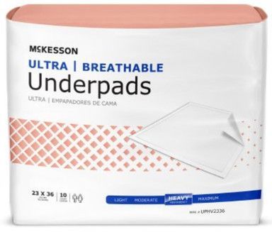 Package of McKesson Ultra Breathable Underpads. White and coral colored packaging; size 23x36 inches.