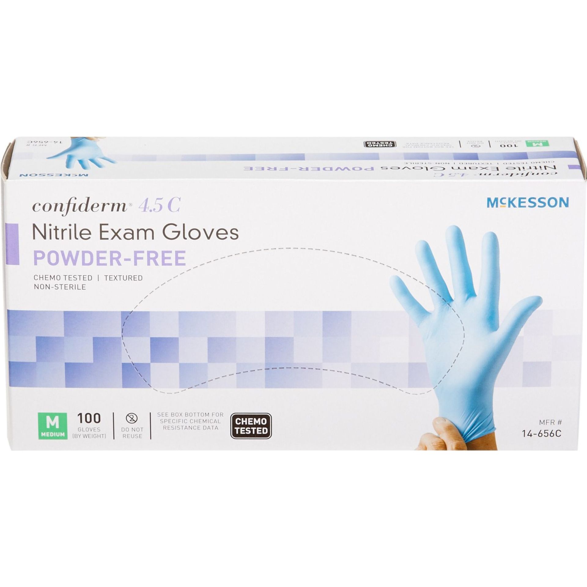 Box of blue McKesson nitrile exam gloves, powder-free, size medium.