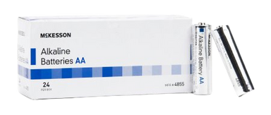 A box of McKesson AA alkaline batteries with two batteries in front.