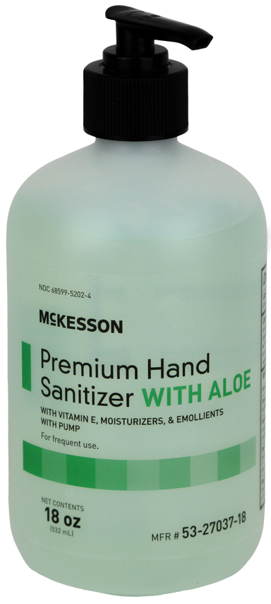 Hand sanitizer bottle with a black pump. Label text: 