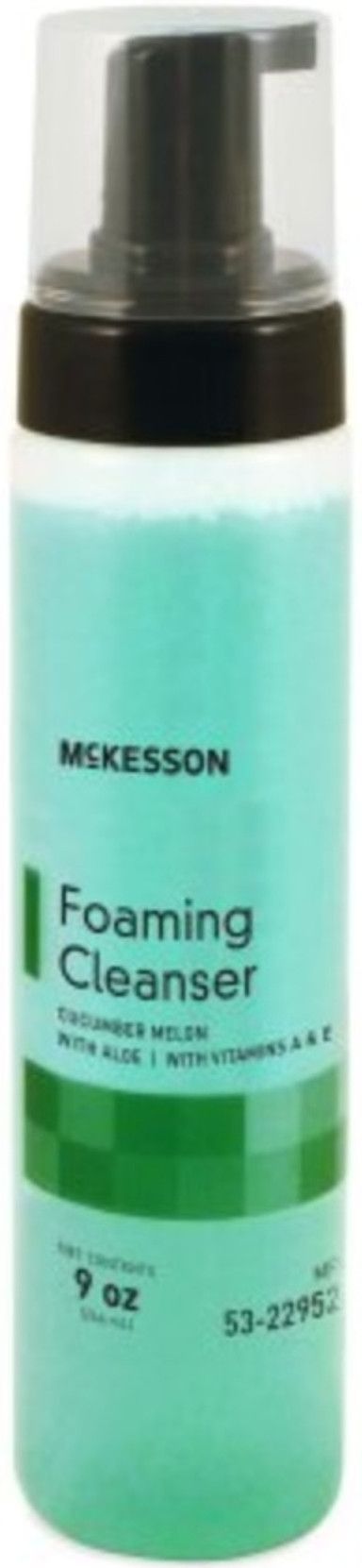 A teal McKesson foaming cleanser bottle with a pump, containing cucumber melon, aloe, and B & E.