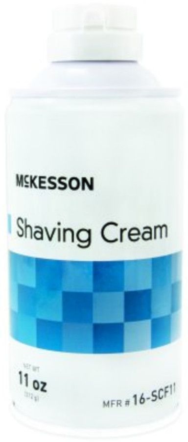McKesson shaving cream bottle with a blue checkered design.