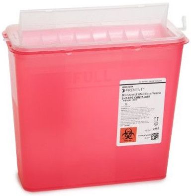 Red sharps container with a hinged lid, used for medical waste disposal.