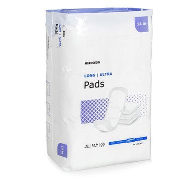 White package of McKesson Long Ultra Pads; shows pads on a white background with a blue and white graphic design.
