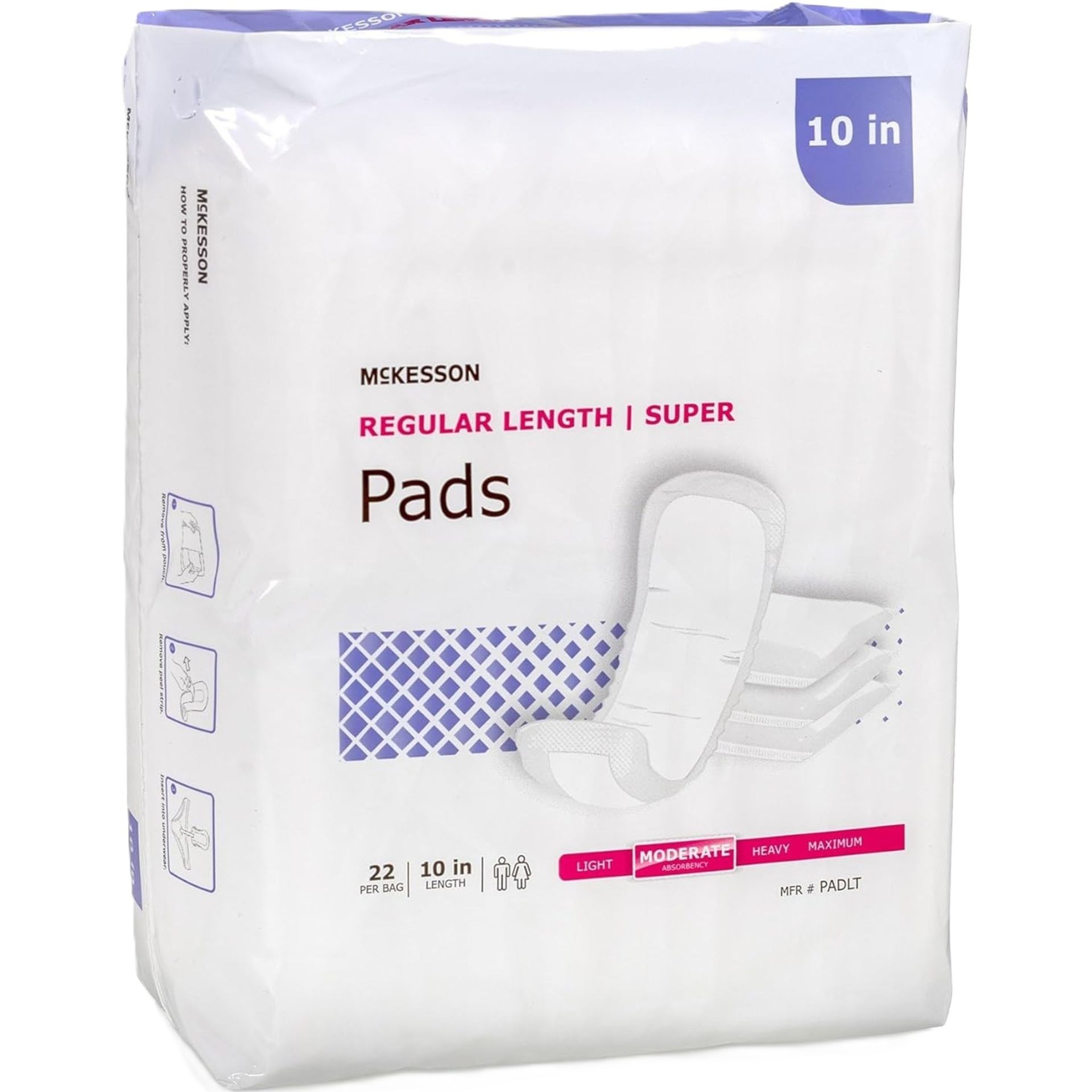 Package of McKesson brand regular length super pads, white with blue accents.