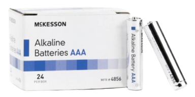 Box of McKesson alkaline AAA batteries with two batteries in front.