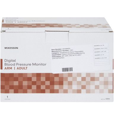 Box of a McKesson digital blood pressure monitor for adults, white with brown design and text label.